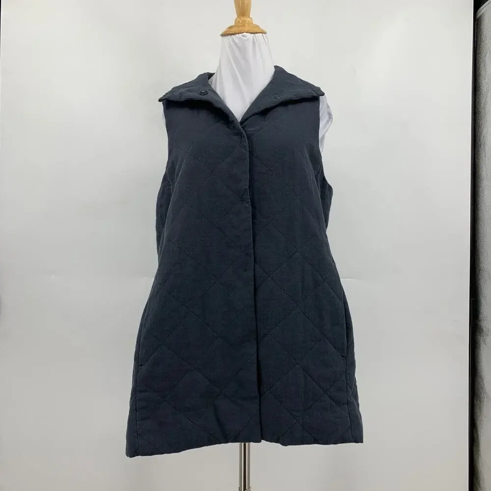 Eileen Fisher Jacket Womens Extra Small Charcoal Stand Collar Crepe Quilted Vest